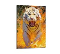 ZlXXYZ Impression sur toile moderne - Motif animal - Tigre blanc entouré de feu - Spectacle dominant et puissant - Peinture décorative avec cadre - 40 x 60 cm