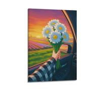 ZlXXYZ Impression sur toile murale de salon, motif marguerites depuis la fenêtre de voiture, décoration sur toile avec cadre 40 x 60 cm