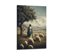 ZlXXYZ Impression sur toile murale moderne familiale, affiche religieuse, berger et troupeau, scène paisible, montre gentillesse et sérénité, peinture décorative avec cadre 30 x 45 cm