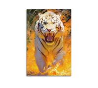 ZlXXYZ Impression sur toile murale moderne - Motif animal - Feu - Tigre blanc entouré dominant et puissant spectacle sauvage férocité - 50 x 75 cm - Sans cadre