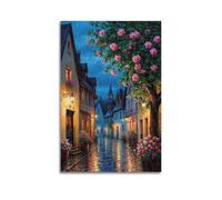 ZlXXYZ Impression sur toile murale pour salon - Affiche de paysage - Allée de fleurs dans une nuit pluvieuse - Guérison des moments de calme - Art décoratif chaud - 30 x 45 cm - Style sans cadre
