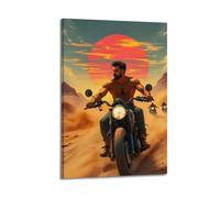 ZlXXYZ Impression sur toile murale pour salon - Aventure - Motif moto du désert - Coucher de soleil - 60 x 90 cm - Style cadre