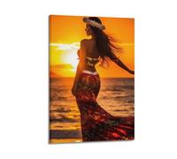 ZlXXYZ Impression sur toile murale pour salon - Danse de plage hawaïenne Hula coucher du soleil - Peinture décorative avec cadre - 30 x 45 cm