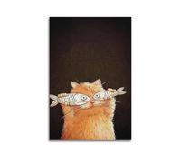 ZlXXYZ Impression sur toile murale pour salon - Motif chat et poisson orange tenant un poisson - Illustration amusante - 60 x 90 cm - Sans cadre
