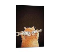 ZlXXYZ Impression sur toile murale pour salon - Motif chat et poisson orange tenant un poisson - Illustration amusante - 40 x 60 cm - Style cadre