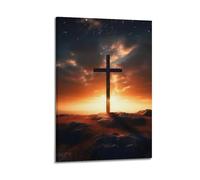 ZlXXYZ Impression sur toile murale pour salon - Motif croix au sommet d'une colline au coucher du soleil - 30 x 45 cm - Style cadre