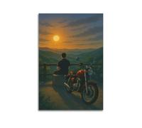 ZlXXYZ Impression sur toile murale pour salon - Motif moto et homme réfléchissant au coucher du soleil - 40 x 60 cm - Sans cadre