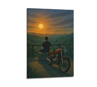ZlXXYZ Impression sur toile murale pour salon - Motif moto et homme réfléchissant au coucher du soleil - 20 x 30 cm - Style cadre