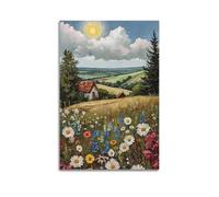 ZlXXYZ Impression sur toile murale pour salon - Paysage - Chalet en fleur - Rendu de champ de montagne rempli - Atmosphère poétique pastorale - Peinture décorative - 50 x 75 cm - Style sans cadre