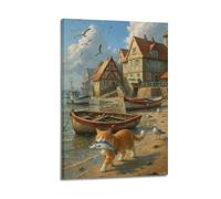 ZlXXYZ Impression sur toile murale pour salon - Paysage - Village de pêcheurs - Motif chat tenant un poisson - 20 x 30 cm - Style cadre