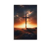 ZlXXYZ Impression sur toile pour salon - Motif croix au sommet d'une colline au coucher du soleil - 60 x 90 cm - Sans cadre