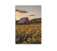 ZlXXYZ Impression sur toile pour salon - Paysage - Champ de tournesol - Grange rouge - Décoration pastorale de guérison - 50 x 75 cm - Style sans cadre