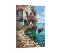 ZlXXYZ Impression sur toile pour salon - Paysage - Maison de fleurs côtière, bateau - 40 x 60 cm - Style cadre