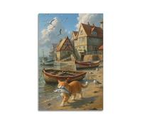 ZlXXYZ Impression sur toile pour salon - Paysage - Village de pêcheurs - Motif chat tenant un poisson - Peinture décorative sans cadre - 30 x 45 cm