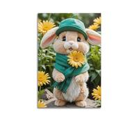 ZlXXYZ Poster mural moderne sur toile - Poster animal mignon lapin portant un chapeau et une écharpe verts - Mignon et frais - Peinture d'art de votre cœur - 20 x 30 cm - Style sans cadre