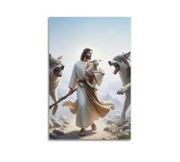 ZlXXYZ Poster mural moderne sur toile représentant un berger protégeant l'agneau contre les loups 50 x 75 cm Sans cadre