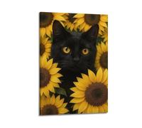 ZlXXYZ Poster mural moderne sur toile représentant un chat noir parmi les tournesols - Peinture décorative mignonne et fraîche - 30 x 45 cm - Style cadre