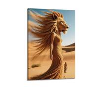 ZlXXYZ Poster mural moderne sur toile représentant une femme qui fusionne avec un lion dans le désert dans le désert mystique du désert - 60 x 90 cm - Style cadre