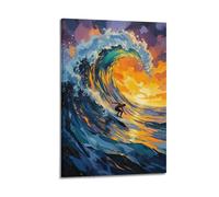 ZlXXYZ Poster sur toile pour décoration murale moderne de bureau familial, style peinture à l'huile style surfeur sous le coucher du soleil et vague, 20 x 30 cm, style cadre