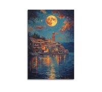 ZlXXYZ Poster sur toile pour salon - Motif ville au clair de lune - Peinture à l'huile - Style de peinture au bord du lac - 40 x 60 cm - Sans cadre