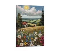ZlXXYZ Poster sur toile pour salon - Paysage - Chalet en fleur - Champ de montagne rempli - Atmosphère poétique pastorale - Décoration - 50 x 75 cm - Style cadre