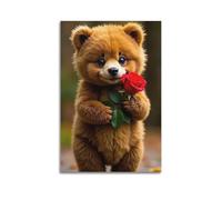 ZLXZPL Impression sur toile murale d'Europe - Poster animal mignon tenant une rose - Décoration sur toile chaude - 60 x 90 cm - Style sans cadre
