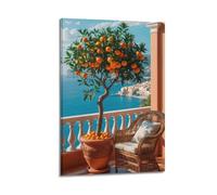 ZLXZPL Impression sur toile murale d'Europe - Poster de paysage, balcon, arbre d'oranger, vue sur la mer - Art décoratif - 50 x 75 cm - Style cadre