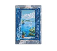ZLXZPL Impression sur toile murale Europe - Affiche de paysage - Volets bleus - Vue sur la mer - 60 x 90 cm - Style sans cadre