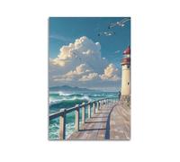 ZLXZPL Impression sur toile murale Europe - Paysage - Phare de bord de mer sur un chemin en bois - Décoration sur toile sans cadre - 20 x 30 cm