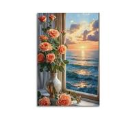 ZLXZPL Impression sur toile murale Europe - Paysage - Roses près de la fenêtre avec coucher de soleil et vue sur la mer - Décoration chaude sur toile sans cadre - 20 x 30 cm