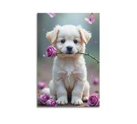 ZLXZPL Impression sur toile murale Europe - Poster animal chiot avec rose - Décoration romantique - 30 x 45 cm - Style sans cadre
