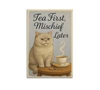 ZLXZPL Peinture murale sur toile pour bureau - Poster à thème chat buvant du thé avec le thé - Slogan « First Mischief Later » - 60 x 90 cm - Style sans cadre