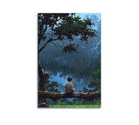 ZLXZPL Peinture murale sur toile pour bureau - Poster de guérison garçon sous un arbre sous la pluie - Peinture d'art sereine - 20 x 30 cm - Style sans cadre