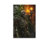 ZLXZPL Peinture murale sur toile pour bureau - Poster fantaisie squelette dans une grotte moussue - Décoration Eerie Vibe Creator - 60 x 90 cm - Style sans cadre