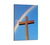 ZLXZPL Peinture murale sur toile pour bureau - Poster religieux en forme de croix arc-en-ciel - Décoration espoir - Peinture créateur d'ambiance - 50 x 75 cm - Style cadre