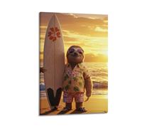 ZLXZPL Poster sur toile pour mur d'Europe - Poster animal de compagnie mignon paresseux plage surf art décoratif 50 x 75 cm style cadre