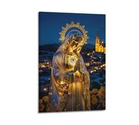 ZLXZPL Tableau mural sur toile pour bureau, affiche religieuse, statue de Madonna, ville nocturne illuminée, peinture décorative avec cadre 50 x 75 cm