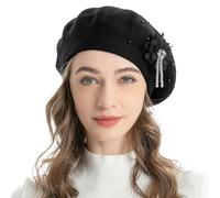 ZLYC Béret Classique français en Laine pour Femme - Chaud, Pendentif Floral Noir, Taille Unique