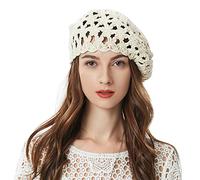 ZLYC Béret d'été en Tricot Fait à la Main avec découpe au Crochet pour Femme, Beige, Taille Unique
