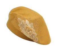 ZLYC - Béret français réversible pour femme et filles - Chapeau en cachemire chaud avec motif mosaïque - Couleur unie, Fleur jaune., Taille unique