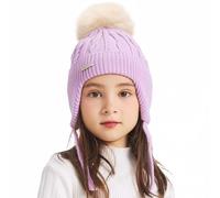 ZLYC Bonnet d'hiver en Coton à Pompons pour Enfant et Fille, Couleur Unie Violet Clair, Taille Unique