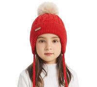 ZLYC Bonnet d'hiver en Coton à Pompons pour Enfant et Fille, Rouge uni, Taille Unique