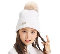 ZLYC Bonnet d'hiver tricoté en Coton à Pompon pour Fille et garçon, Couleur : Blanc uni, Taille Unique