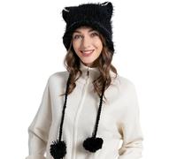 ZLYC Bonnet en Crochet pour Femme avec Oreilles de Chat - Bonnet Mignon Vintage Grunge Pelucheux, Pompon Noir, Taille Unique