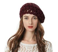 ZLYC Femmes D'été Chapeau de Béret Fait Main Bérets au Crochet(Bourgogne),Taille Unique