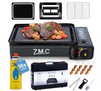 ZMC - Barbecue à gaz 2 en 1 et réchaud de camping avec allumage piézoélectrique - Barbecue de table portable et réchaud à gaz avec 16 cartouches de 227 g, accessoires et mallette - Puissance de 2,2 kW