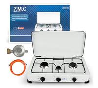 ZMC Réchaud à gaz 3 feux avec tuyau et régulateur pour gaz propane LPG 2 x 2,2 kW + 1 x 1,0 kW Brûleur à trois feux pour extérieur, camping, cuisine, flamme à 2 niveaux, consommation 393 g/h