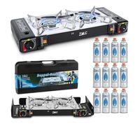 ZMC Réchaud à gaz de camping 2 feux avec adaptateur pour connexion GPL + 12 cartouches de gaz 227g + Mallette de rangement, Puissance thermique : 2,5 kW, Réchaud de camping avec allumage piezo pour