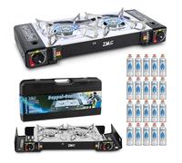 ZMC Réchaud à gaz de camping 2 feux avec adaptateur pour connexion LPG + 20 cartouches de gaz 227g + Mallette de rangement, Puissance thermique : 2,5 kW, Réchaud de camping avec allumage piezo pour