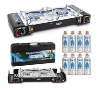 ZMC Réchaud à gaz de camping 2 flammes avec adaptateur pour connexion GPL + 8 cartouches de gaz 227g + Mallette de rangement, Puissance thermique : 2,5 kW, Réchaud de camping avec allumage piezo pour